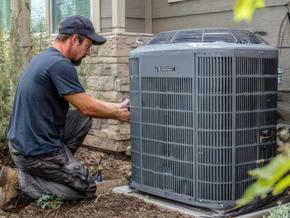 AC Tech working on a condenser unit