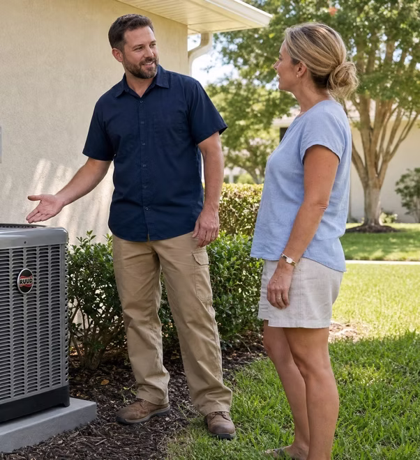 Homeowner discussing AC repair with an HVAC technician