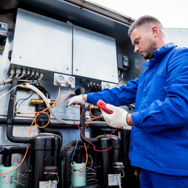 Technician testing an open air conditioning electrical panel.