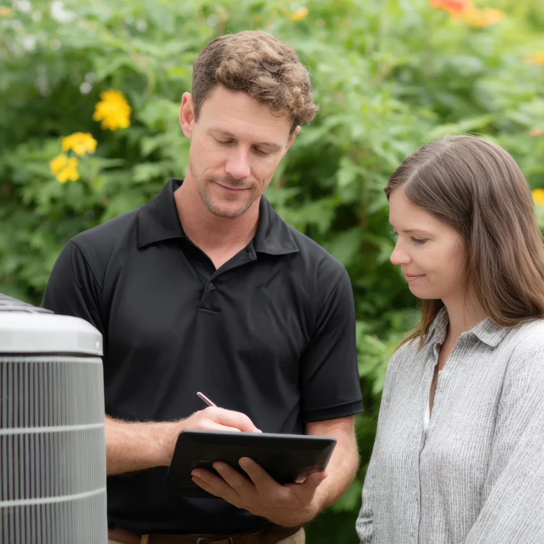 Technician reviewing a tablet with a homeowner beside an air conditioner.