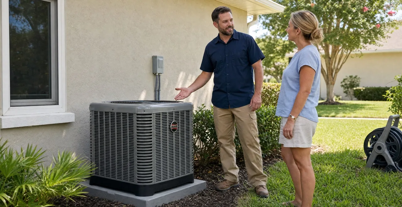 Technician talking with a homeowner beside an outdoor air conditioner.