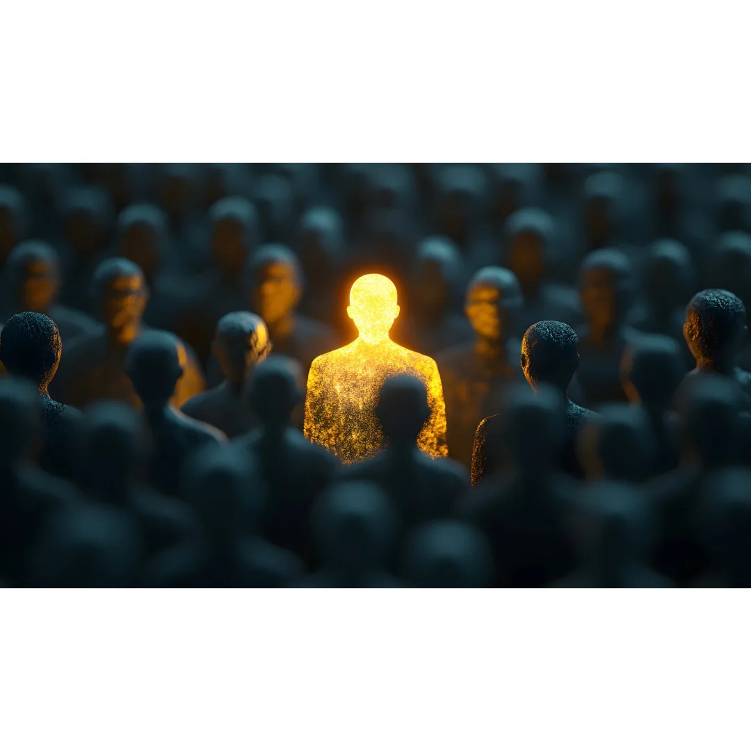 A glowing figure standing out from a crowd.