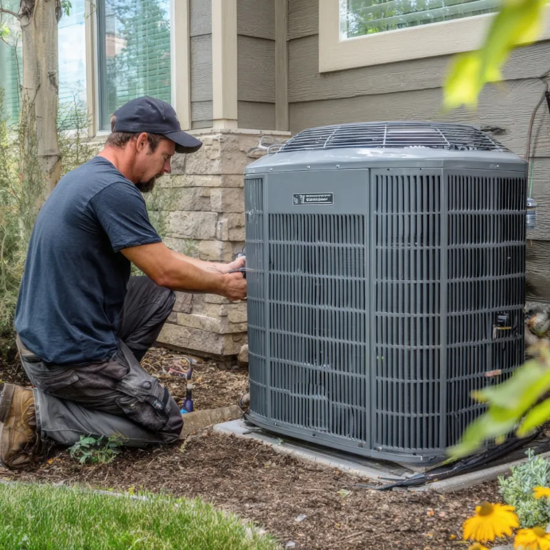 Technician working beside an outdoor air conditioner.