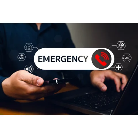 Emergency contact graphic with a red telephone symbol.