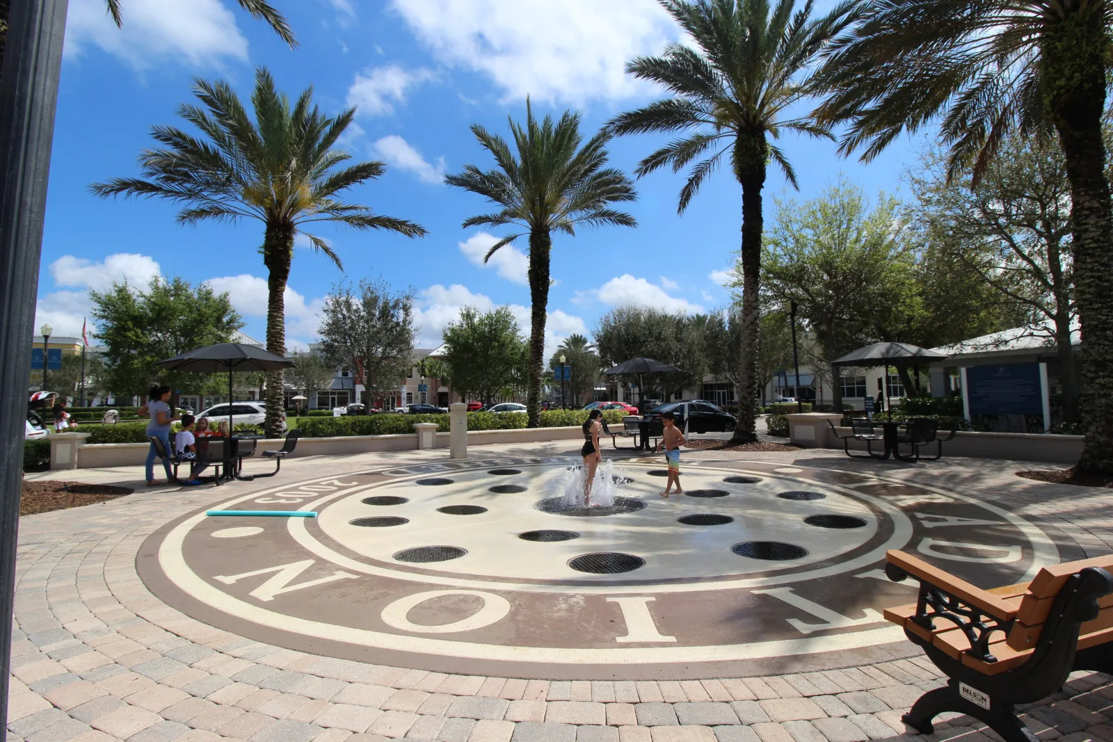 Palm trees around a paved public plaza.