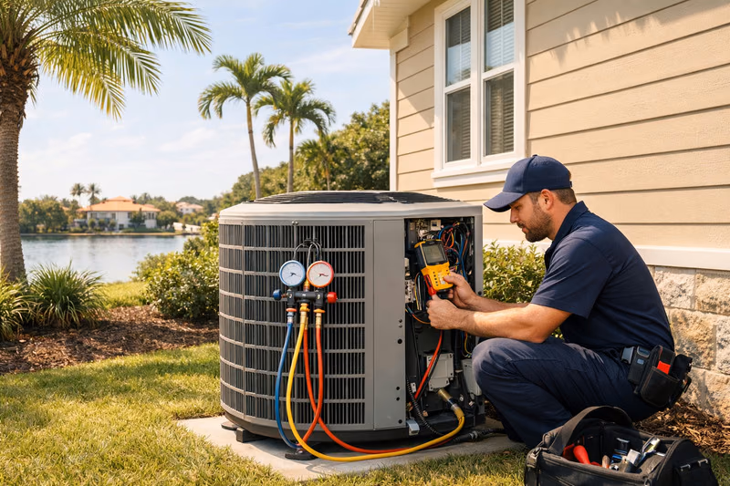 Technician checking an outdoor air conditioner with pressure gauges beside a home with palm trees.